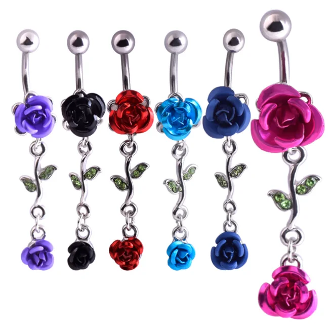 

Hot sale double rose flower leaf pendant belly rings wholesale surgical steal fashion jewelry belly ring belly ring peircings, Purple/red/pink/black/blue