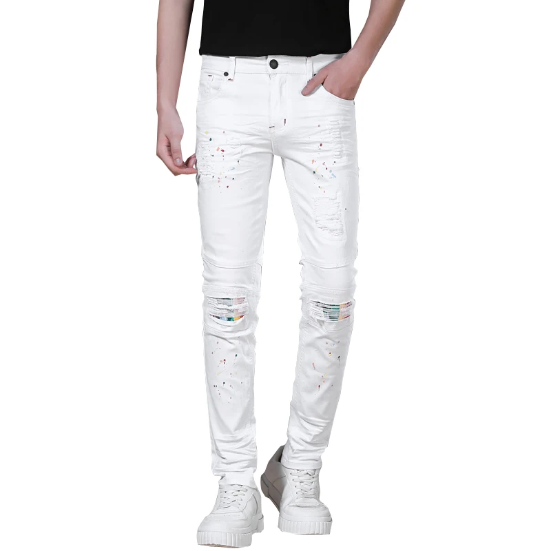 

youth slim jeans for man color dot jeans man white soft fabric hole jeans