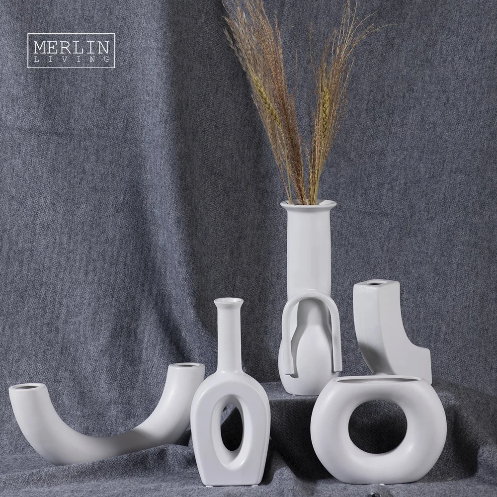 

Merlin nordic minimalist smooth U round shape porcelain bottle glaze ceramic desktop ornament set home decor with white vase