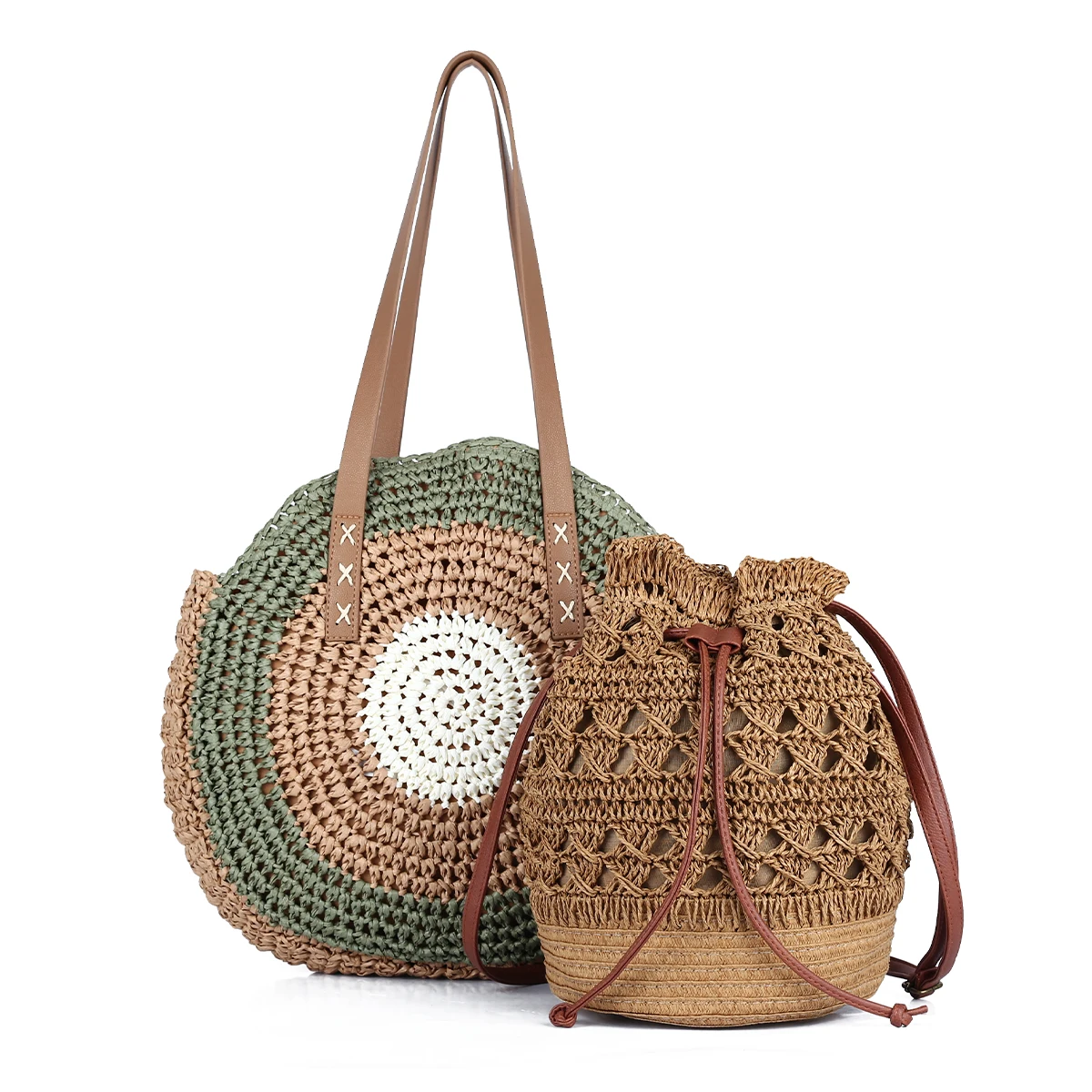 

Summer Straw Bag Set for Women Beach Rattan Shoulder Bag with Draw String Small Straw Backpack for Girls PU Casual Tote Fashion, Custom