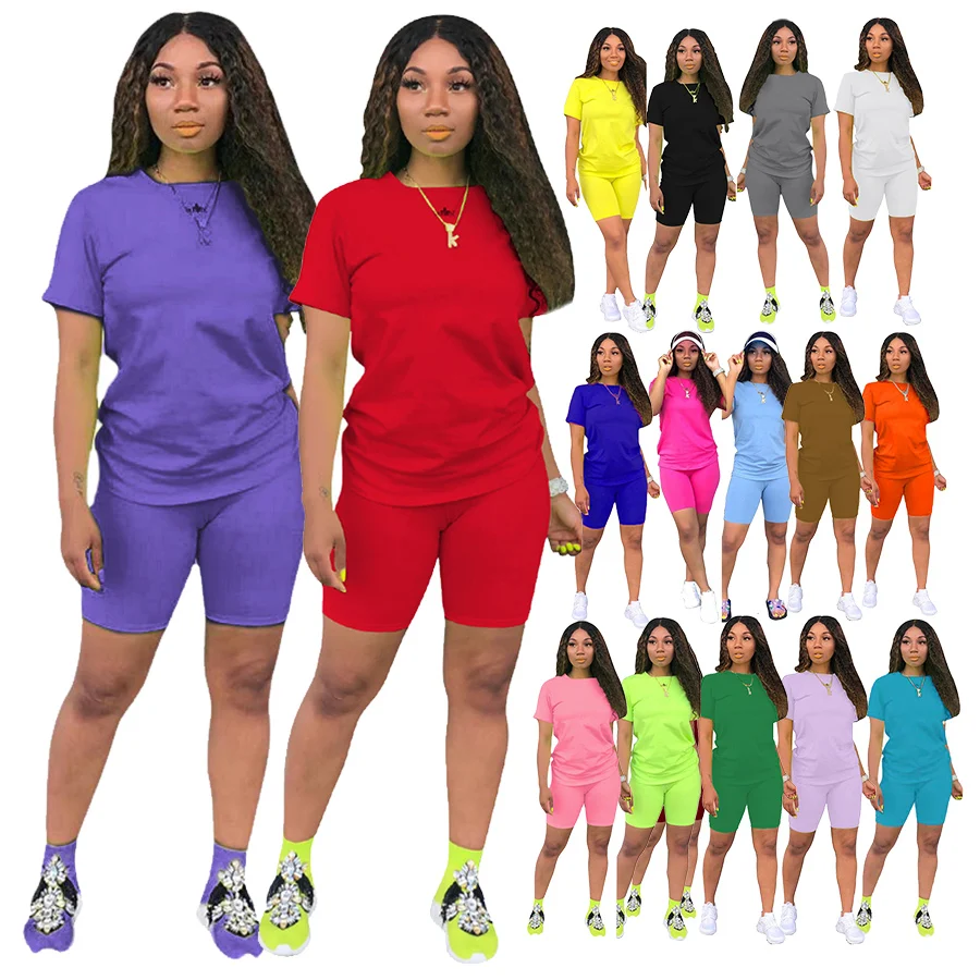 

amazon wholesale bulk custom print logo summer women 2 two piece jogger jogging suit biker short set outfit, 17 colors