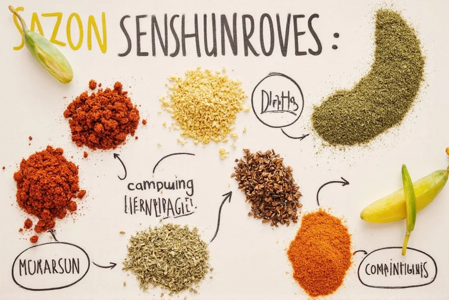 Kitchen spice rack with sazon seasoning in focus