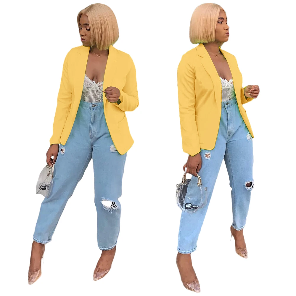 

Fashion casual slim fit lapel designer women coats small suit jacket yellow formal cardigan blazer pant women