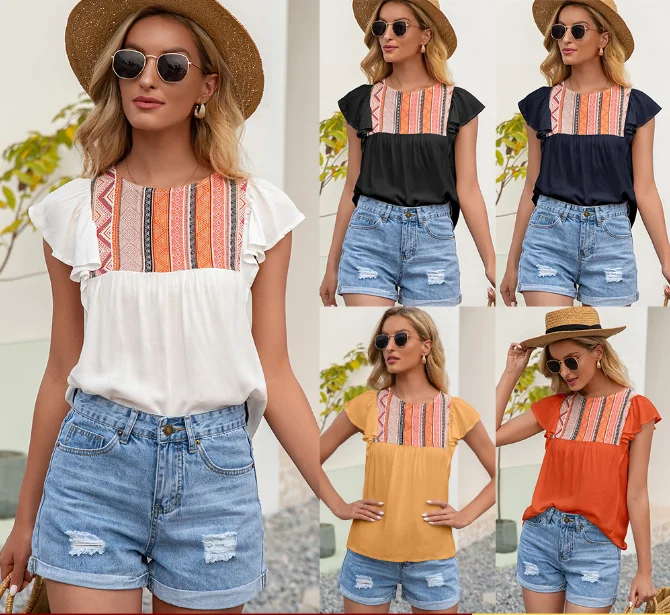 

Women Summer Button Blouse Elegant Casual Solid Color Ruffled Lace Ladies Embroidery Tops Shirts