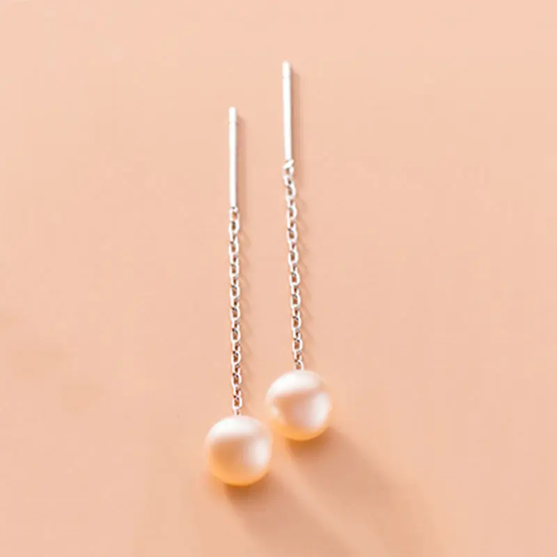 

Wholesale high quality 925 sterling silver white fresh water pearl line drop earrings gifts for women