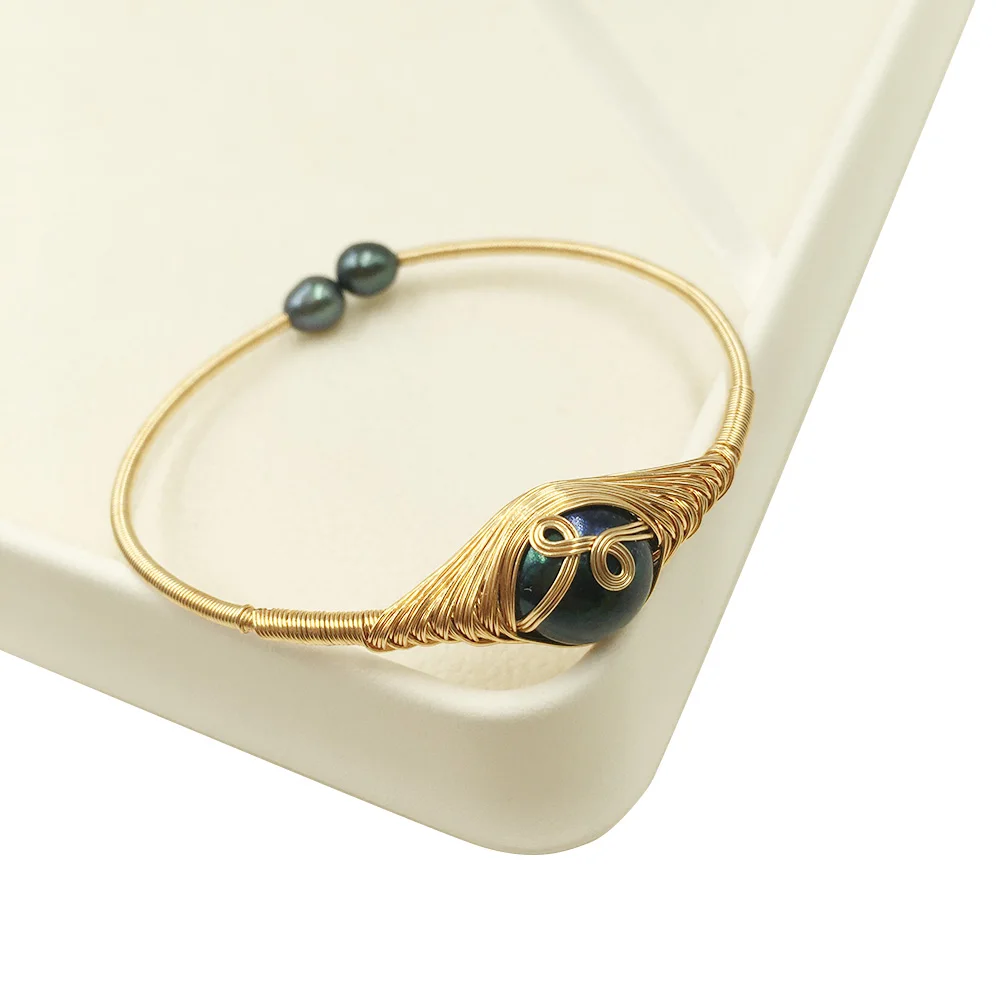 

Top fashion black baroque freshwater pearl Banglebrass 18 K gold platingwholesale factory price