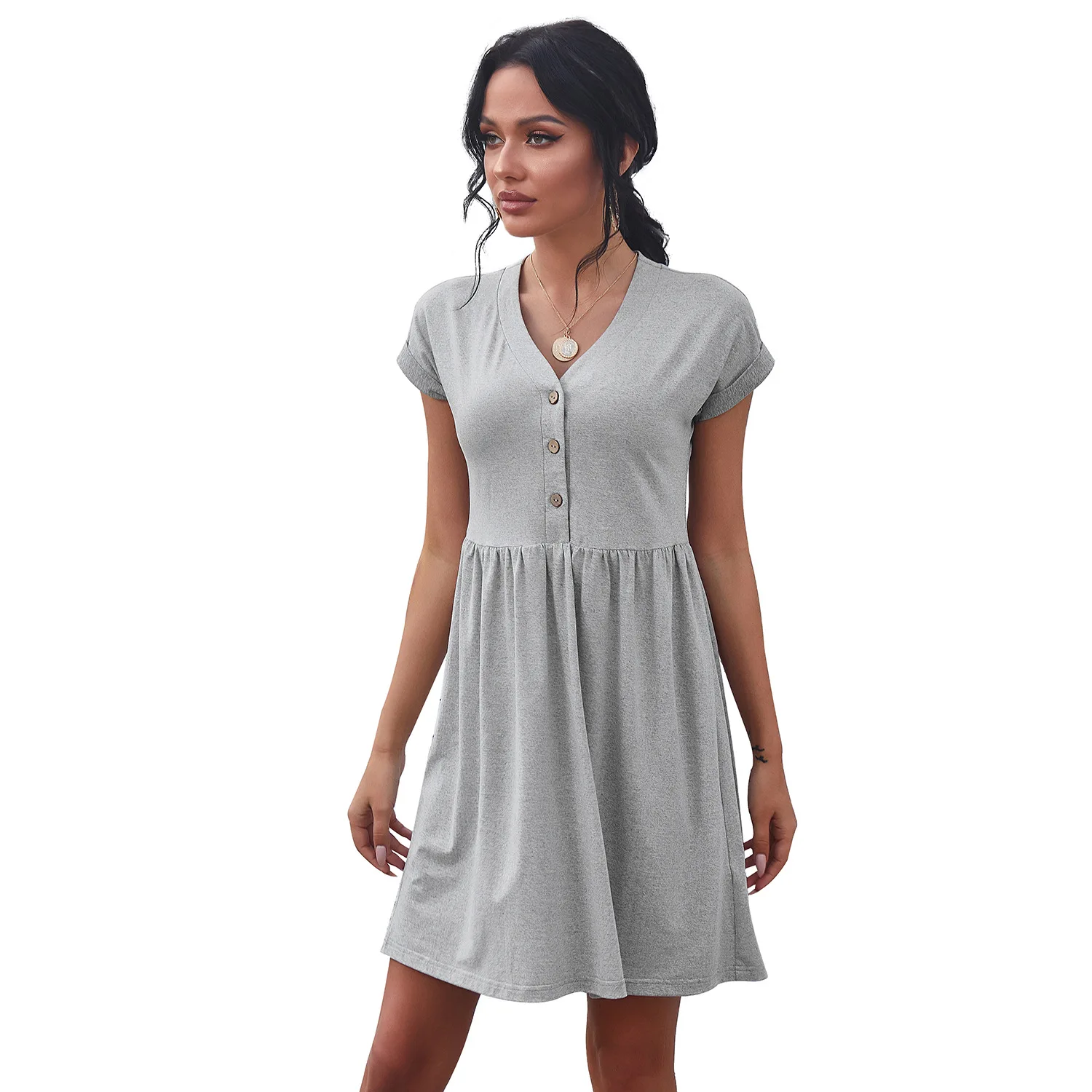 

In Stock 2021 Summer Women A Line V Neck Single-breasted Solid Pleated Short Sleeve Casual Mini Dress