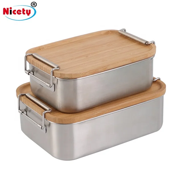 

Hot sale Nicety factory price 304 stainless steel lunch box with bamboo lid and long button for kids camping