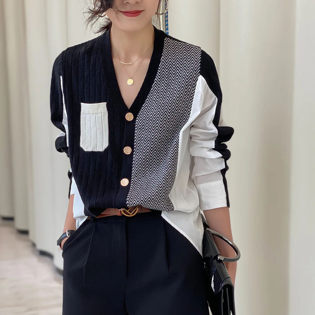 

Wholesale 2021 Autumn New Sweater Casual Loose Irregular Shirt Stitching Lazy Style Wild Knitted Cardigan Fashion Women Sweater