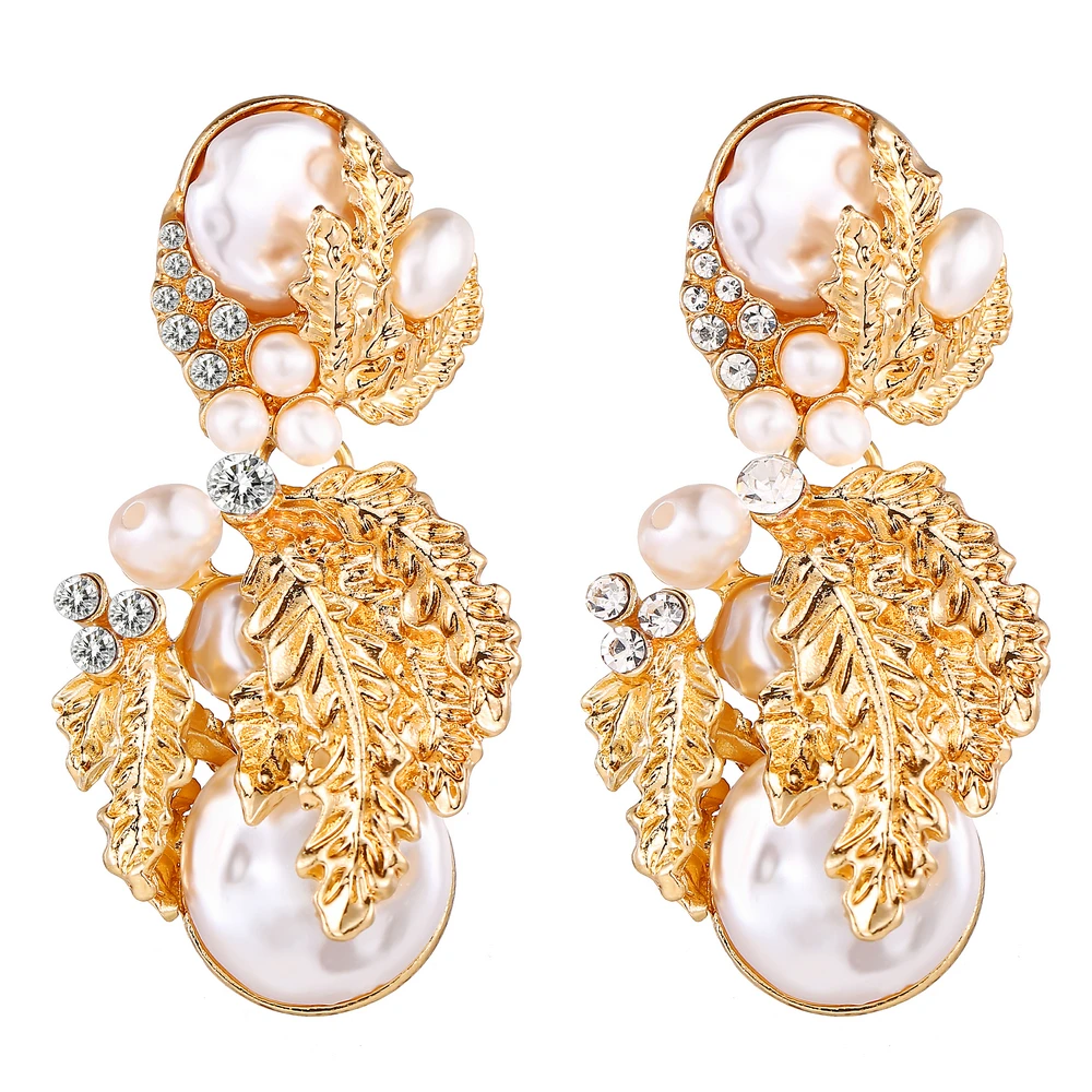 

5192 Fashion Metal Leaf Luxurious Drop Women Earrings Retro Imitation Pearl Dangle Jewelry Earring
