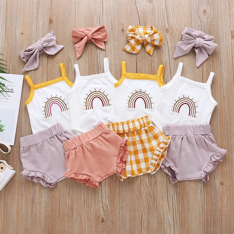 

Summer Infant Toddler Rainbow Embroidery Cotton Tube Top Ruffle Short Bloomer Set Baby Rainbow Outfits, Photo showed and customized color