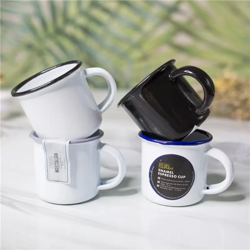 

Matte Dark With Speckle Decal Printed Popular Yellow Red Blue Color Cast Iron Gentlemen's Hardware Pipeline Handle Enamel Mug