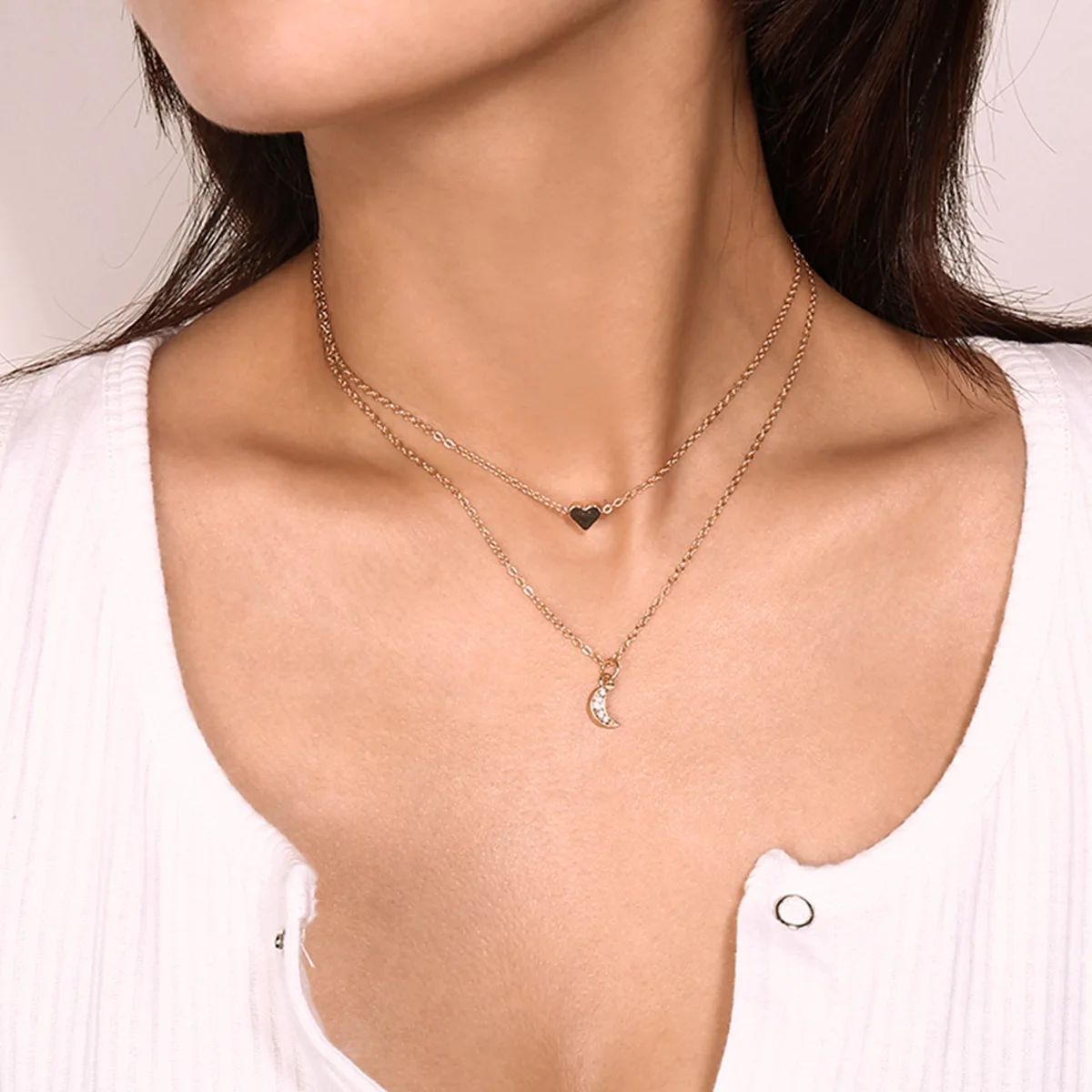 

Women Fashion Jewelry Wholesale Personalized Crystal Moon Layered Chains Gold Silver Plated Diamond Pendant Heart Necklace