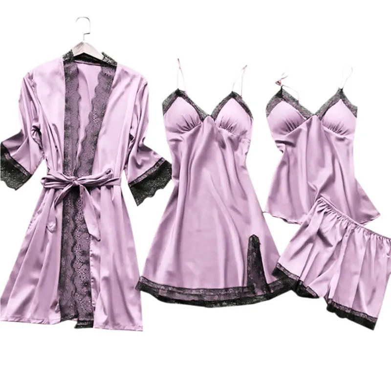 

Pajamas For Women New Pajama Silk 4-piece Pijama Long Sleeve Sleepwear Loose Pijamas Women Leisure Womens Pajamas Tracksuit