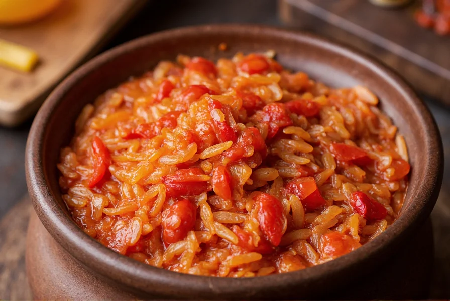 Close-up of authentic Korean gochujang in traditional pottery container with rice and chili peppers