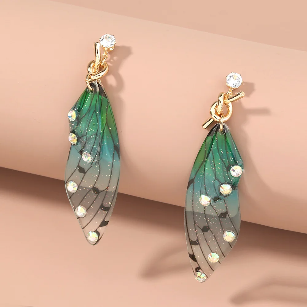 

2020 New Ins Trendy Long tassel Knot Earrings Green Simulation Cicada Wings w Rhinestone Dangle Earrings, Colorful