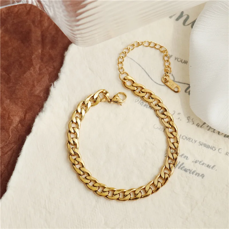 

New Style 6mm Wide Stainless Steel 18K Gold Filled Cuban Curb Chain Bracelet Anklet Women