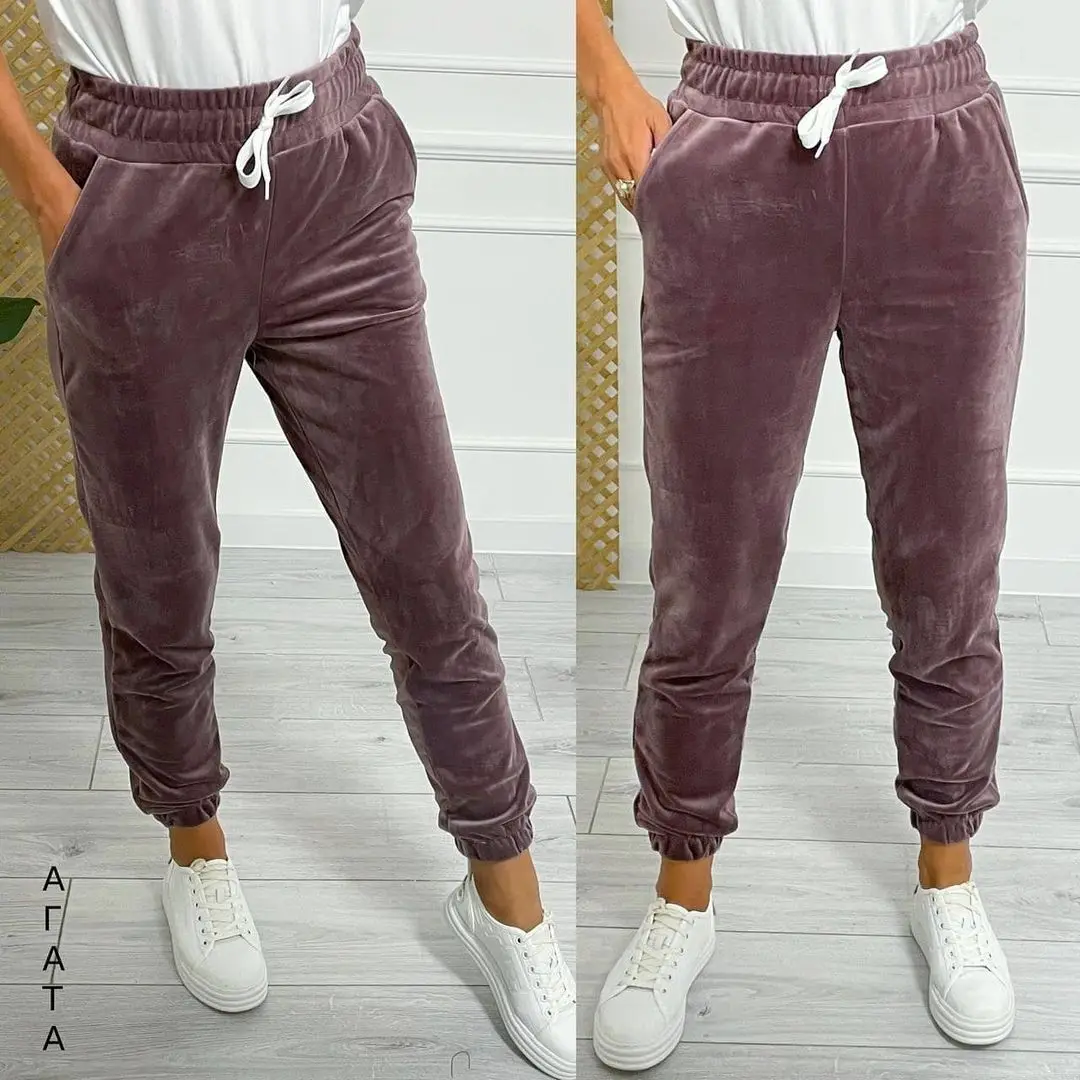 

Wholesale Autumn Solid Color Elastic High Waist Casual Woman Trousers thick Sweatpants Plus size Velvet pants for women 2021