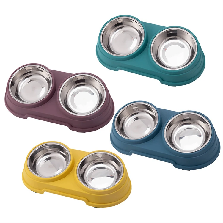 

China factory wholesale dog bowl plastic small stainless steel inclined double bowl, Blue/pink/green/dark blue/ dark green/ brown/yellow