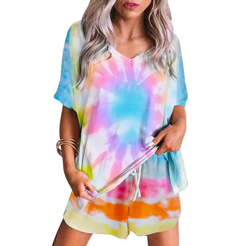 

Wholesale Casual Tie Dye Women Summer Loose Short Sleeve Sleep Wear Pijamas Mujer, Accept customized pajama women