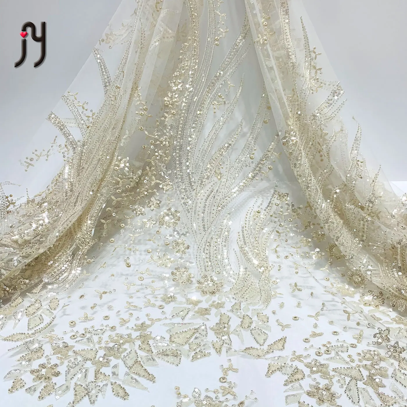 

Luxury Embroidery Bridal Lace Fabric Heavy Handmade Beads Lace French Tulle Mesh Lace Fabrics for Wedding, Accept customized color