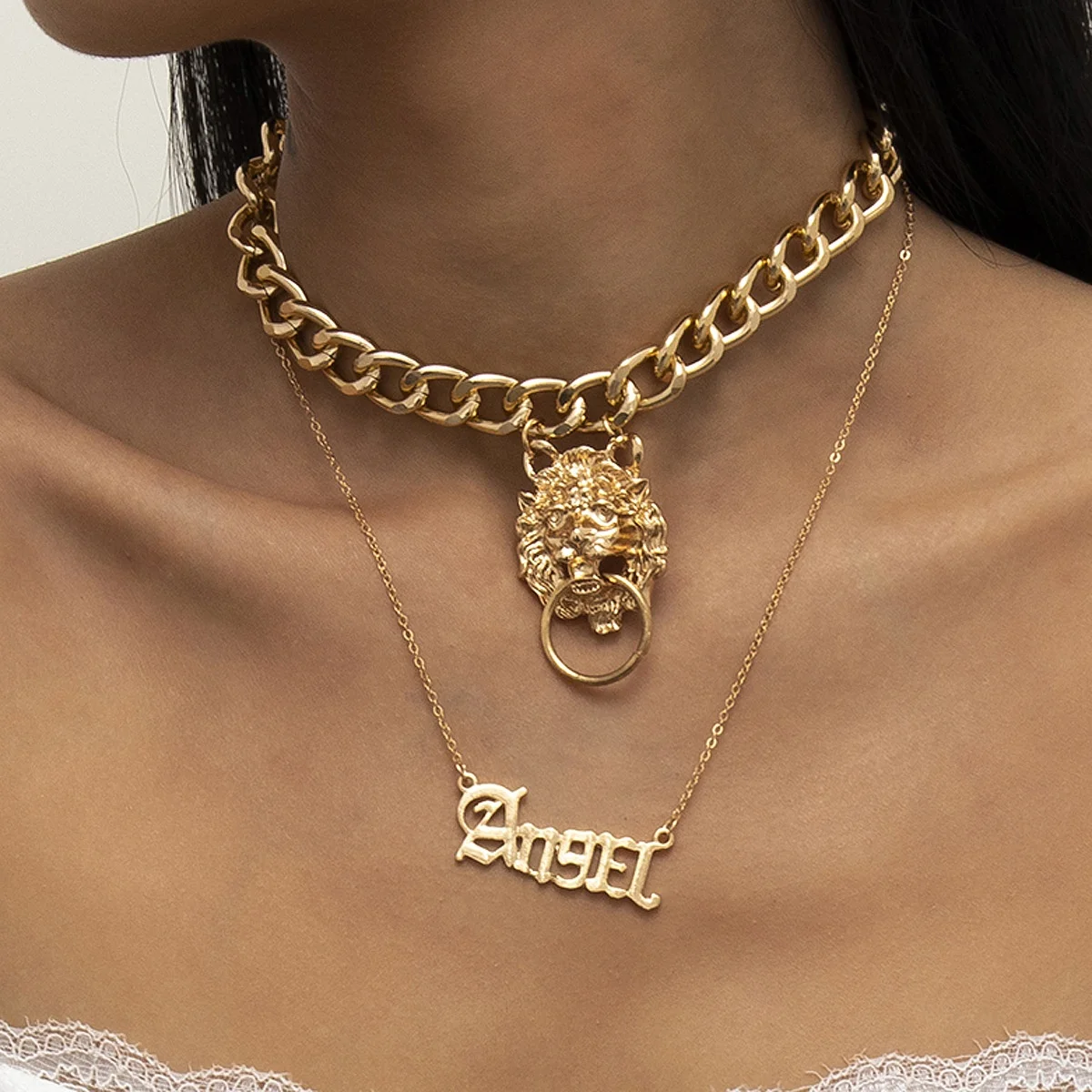 

Fashion HipHop Double Layer Necklace For Women Lion Head Angel Pendant Long Chain Geometric Big Chunky Choker Party Jewelry, Picture shows