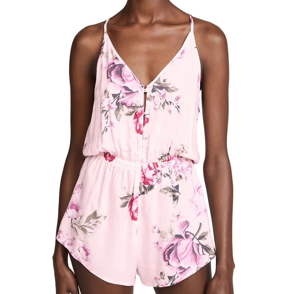 

Front Button Deep V Pyjamas Floral Printing Sleeping Pink Sexy Pajama Romper, Black, pink, navy, or customized color