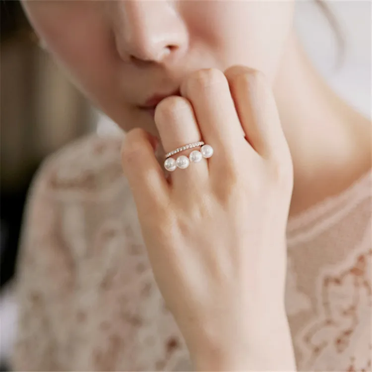 

Korean Stylish Silver Wedding Rings Elegant Pearl Ring Jewelry Finger Accessories Couple Diamond Wedding Rings