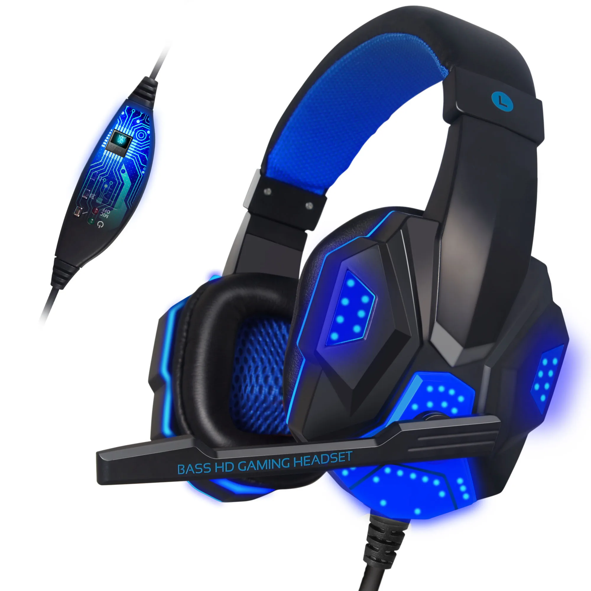 

7.1 Virtual Surround Head set Gaming Color LED Light Gamer Headphones With Super Bass ANC Mic For PC PS4 Gray Green