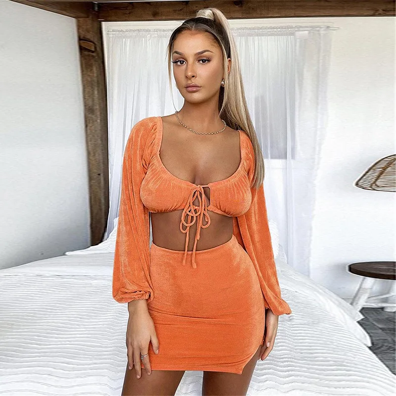 

2021 fashion women's autumn new style sexy square neck tie long sleeve short blouse women two-piece suit, Black gray khaki orange blue brown