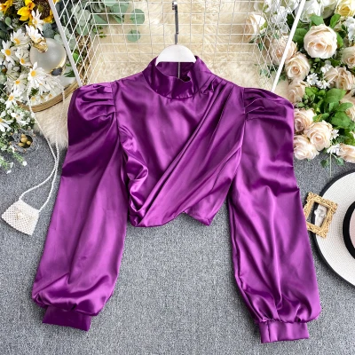 

European Ins Fashion Women Puff Sleeve Satin Shirt Blouse Tops