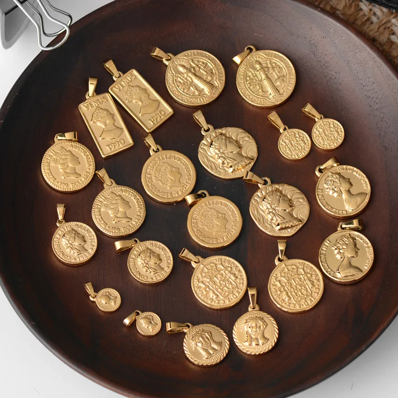 

Roman portrait coin wheat ear elizabeth round titanium steel 18K gold plated necklace for pendant, As pictures