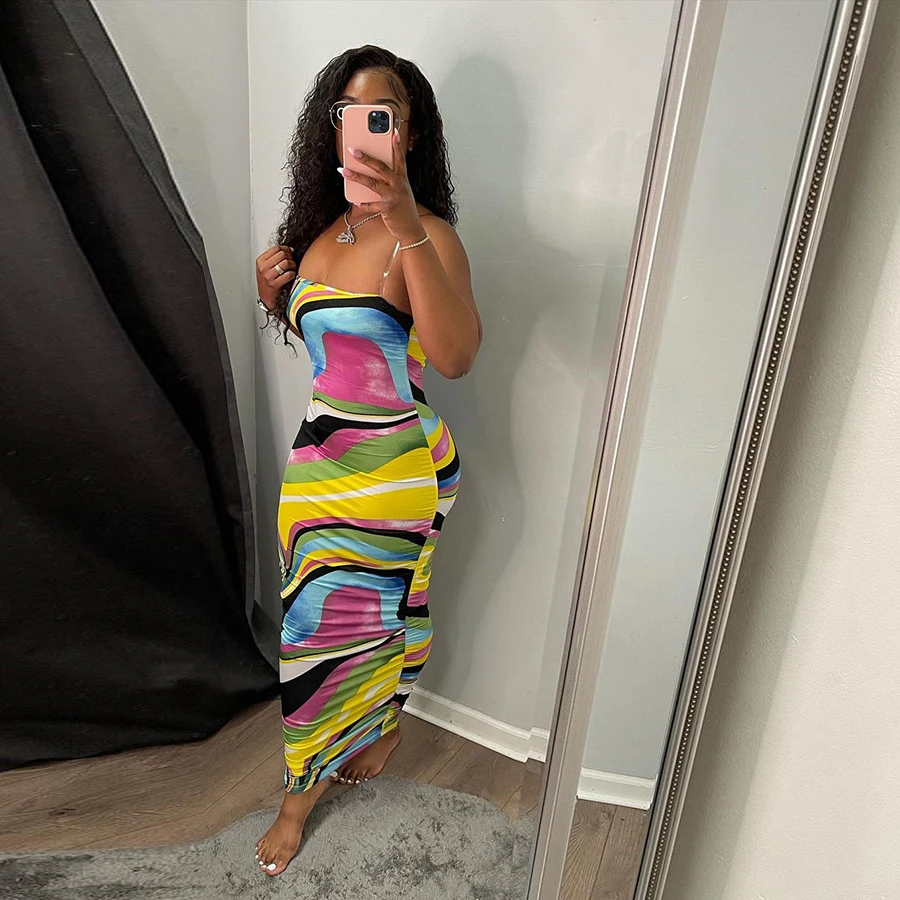 

Womens Clothing 2021 Aesthetic Print Slash Neck Sleeveless Maxi Dress Women Casual Dress