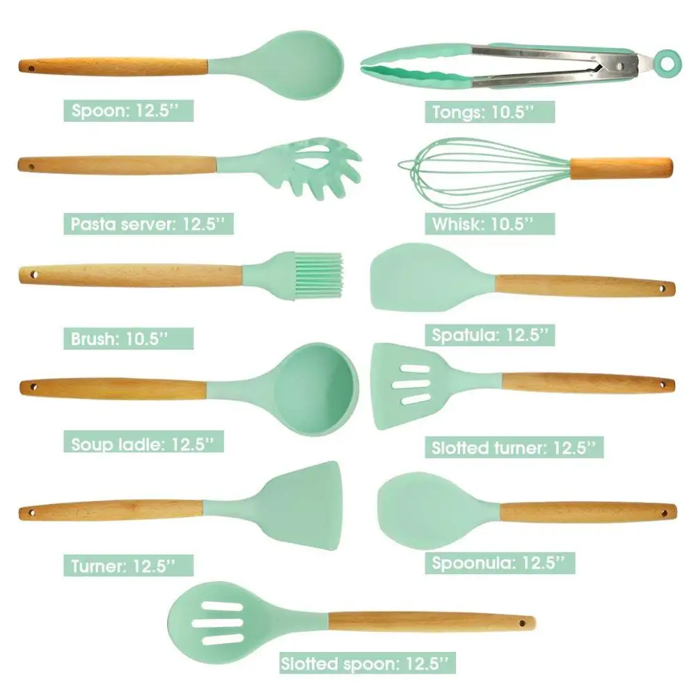 
11pcs Heat Resistant Wooden Non-Stick Cooking Kitchen Gadgets Tools Silicone Utensils Set With Storage Bucket 