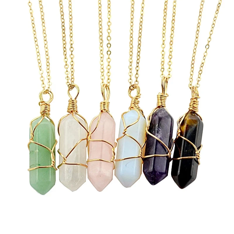

SC Healing Crystal Pendant Necklace Tree Wire Wrap Gemstone Necklace Natural Quartz Stone Pendant Hexagonal Crystal Necklace, Show in the picture