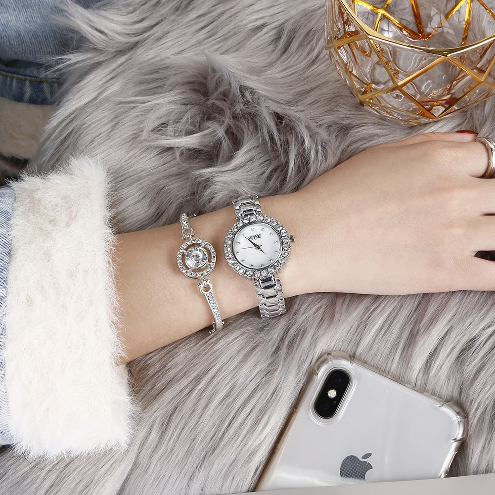 Luxury Diamond Around Face Silver Ladies Watches Quartz 2 pcs Watch Bracelet Jewelry Set TW467