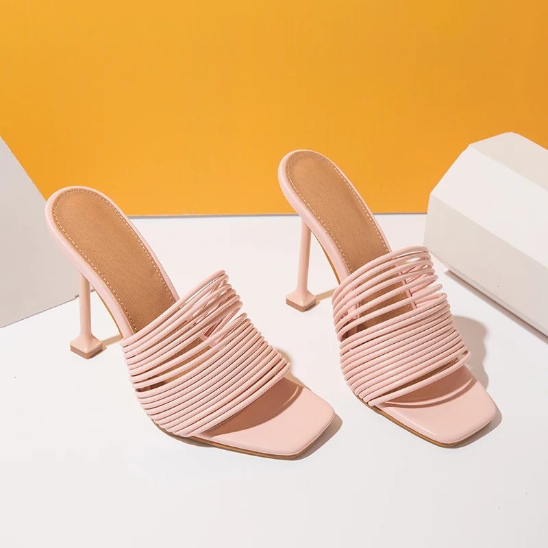 

2021 Hot Sale Women's Slides Square Toe Trappy Mules High Heels Slippers Sandals Women Sexy Summer Ladies Party Slippers
