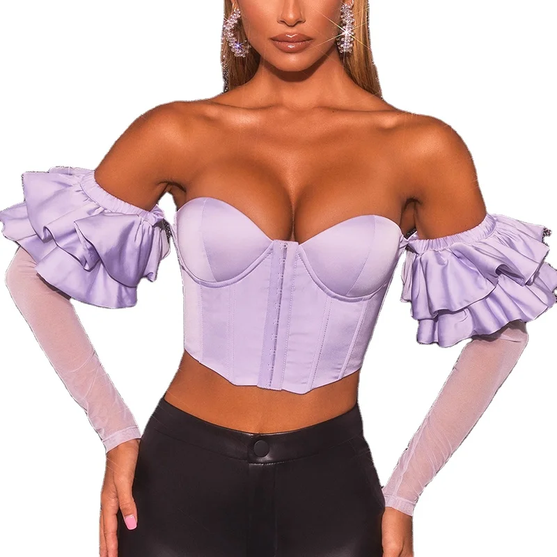 

Corset Tops 2021 Solid Color Sheer Mesh Splicing Satin Blouses Sexy Push Up Padded Bustier, Beige,purple,blue