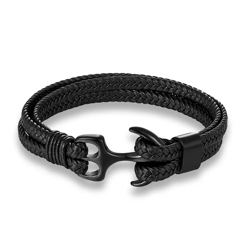 

Black Handmade Knitted Bracelet Layered Cowhide Leather Wrap Bracelet Titanium Steel Boat Anchor Cuff Bracelet for Men, Black/brown/blue/red