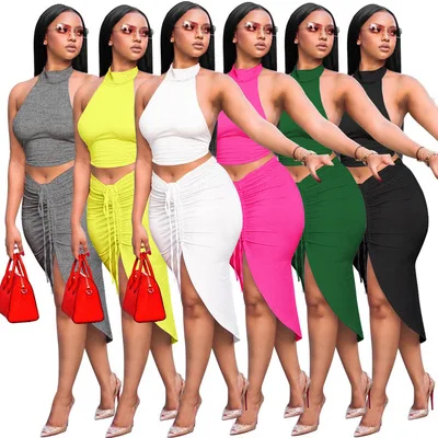 

New Arrival Summer Halter Crop top Women Dress Bodycon Solid color Sexy Elegant Drawstring two piece sets Midi Dress, Picture