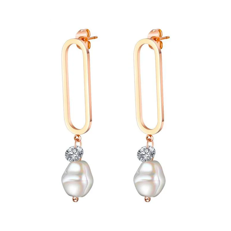 

Amazon Hotsale Rose Gold Plated Stainless Steel Hollow Circle Pearl Drop Earring Geometric Crystal Pearl Earring For Girls