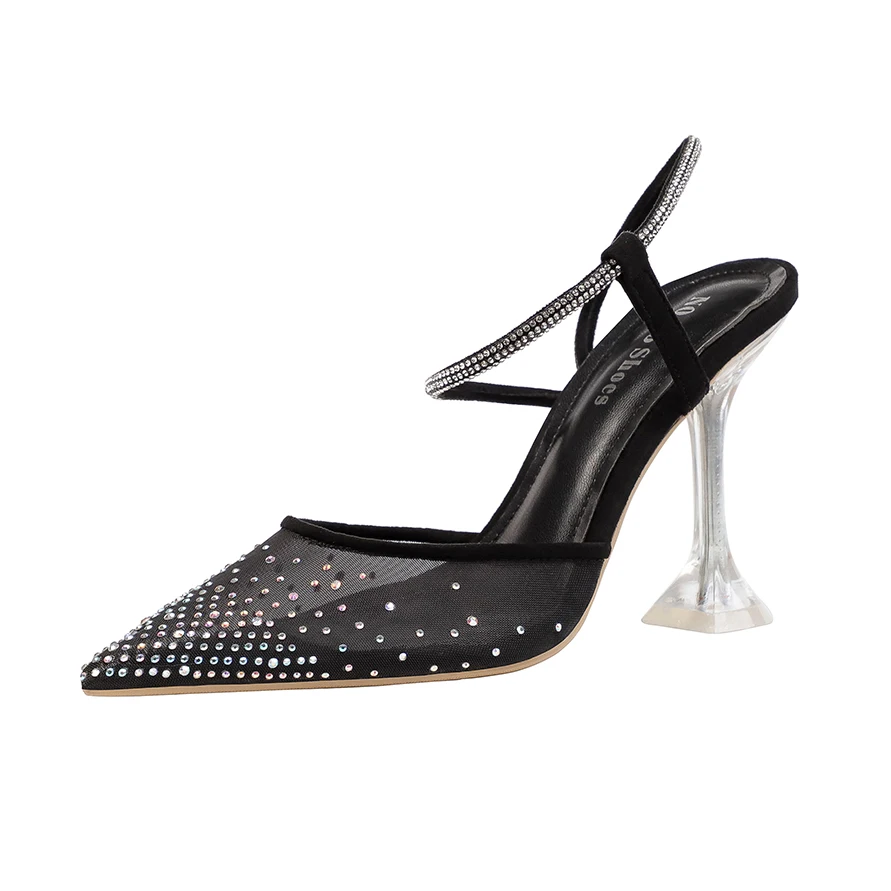 

1020-6 NO.55 Shoes Pointed shallow mouth Rhinestone high-heeled shoes with cat heel sandals