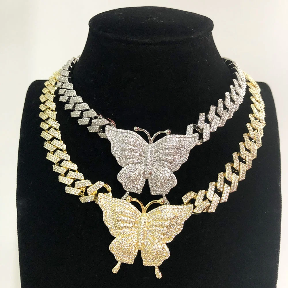 

Hip Hop Diamond Icy Pink Butterfly Cuban Link Choker Necklace Women