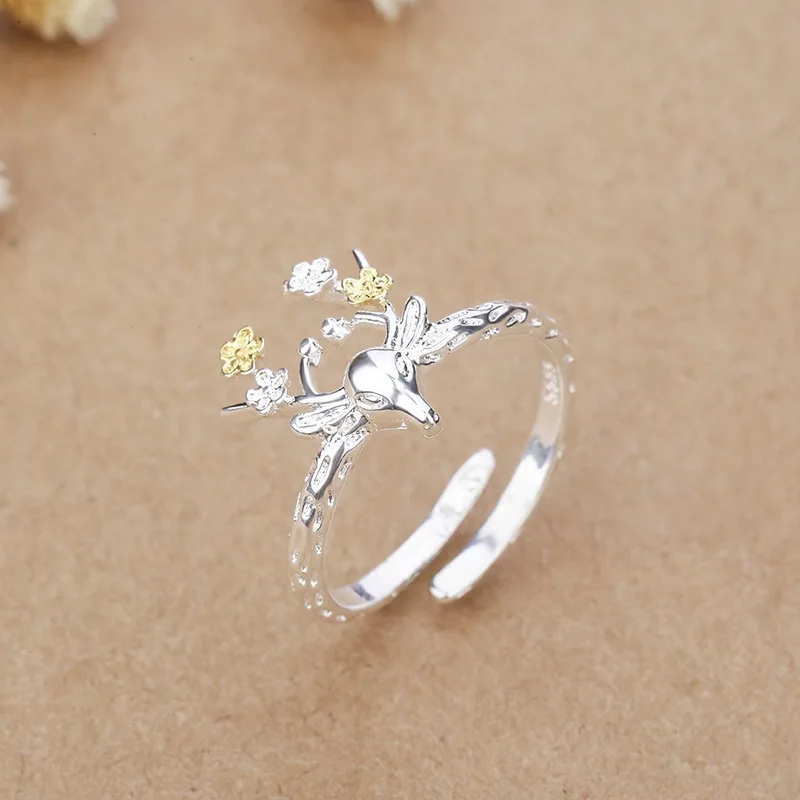 

Christmas Jewelry Open Flower Elk Finger Rings Women Ethnic Jewellery Sterling Sliver Plated Christmas Reindeer Band Ring, Picture shows