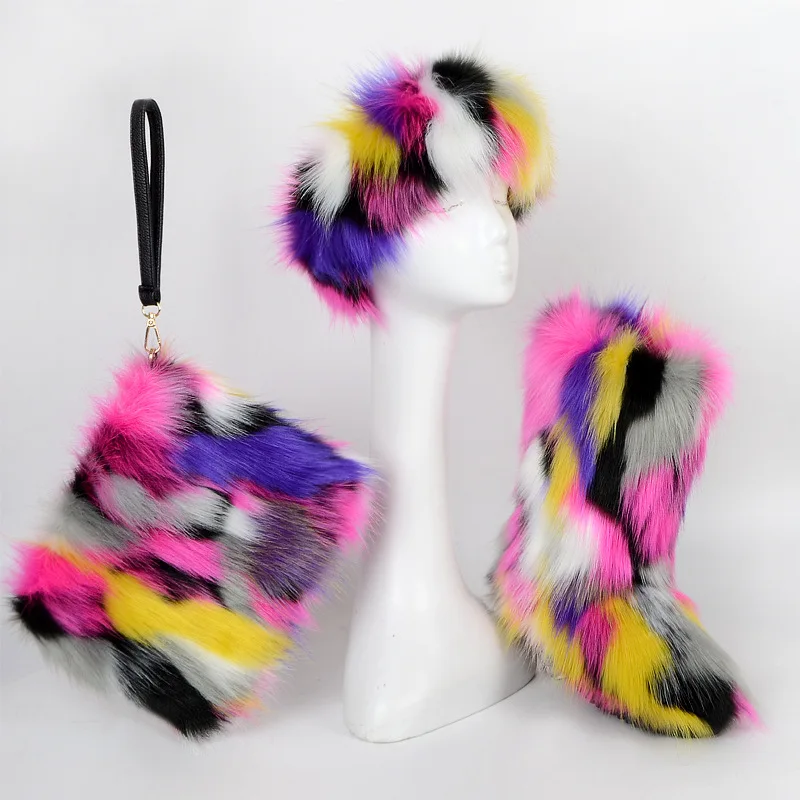 

Winter Hot Sale Wholesale Ladies Girls Fashion Rainbow Colorful Warm Faux Fox Fur Boots with Matching Headbands Purse, 24 colors