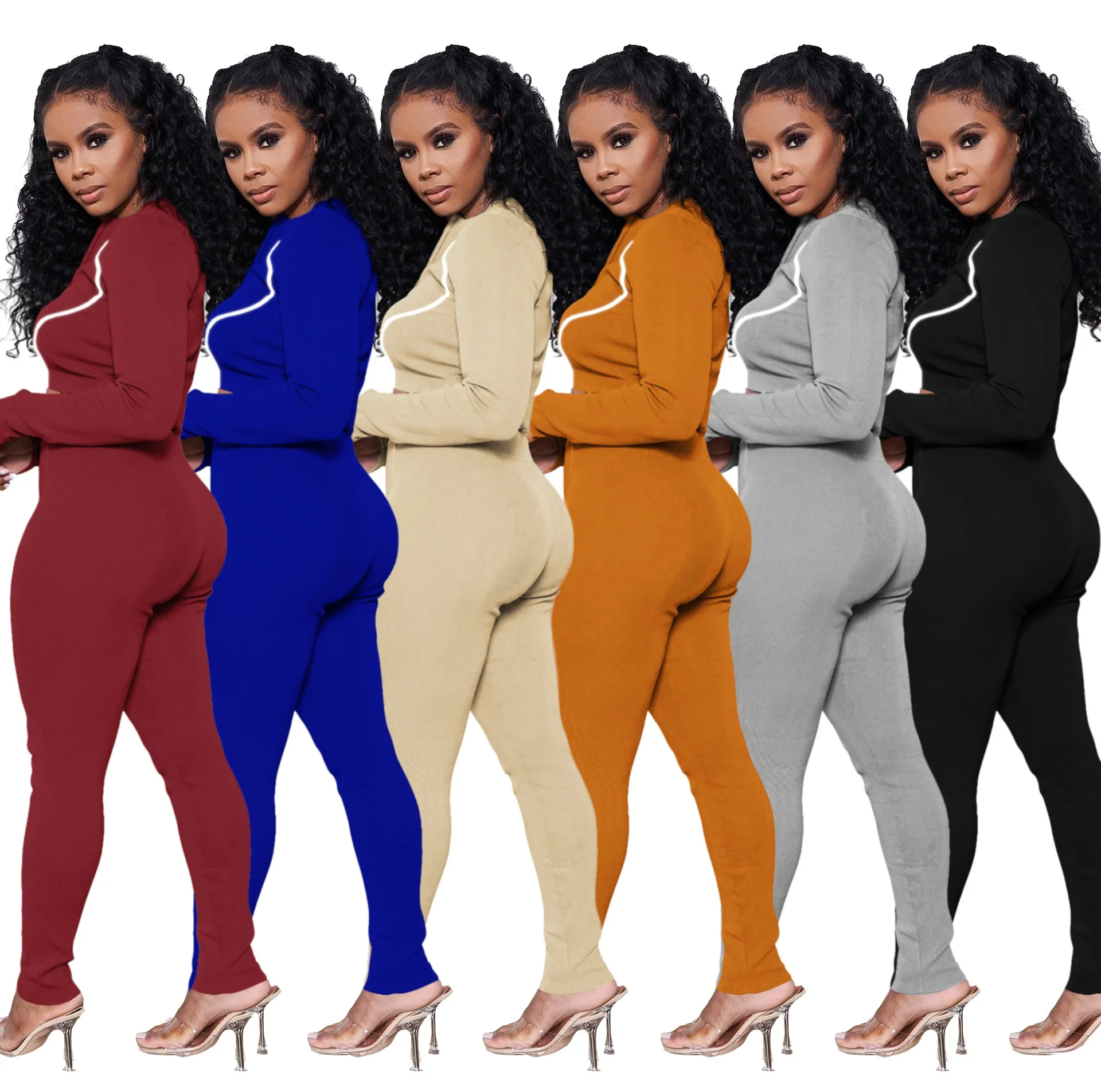 

MT19-385 solid color sweatsuit reflective strip long sleeve two piece pants set jogger woman casual dress women