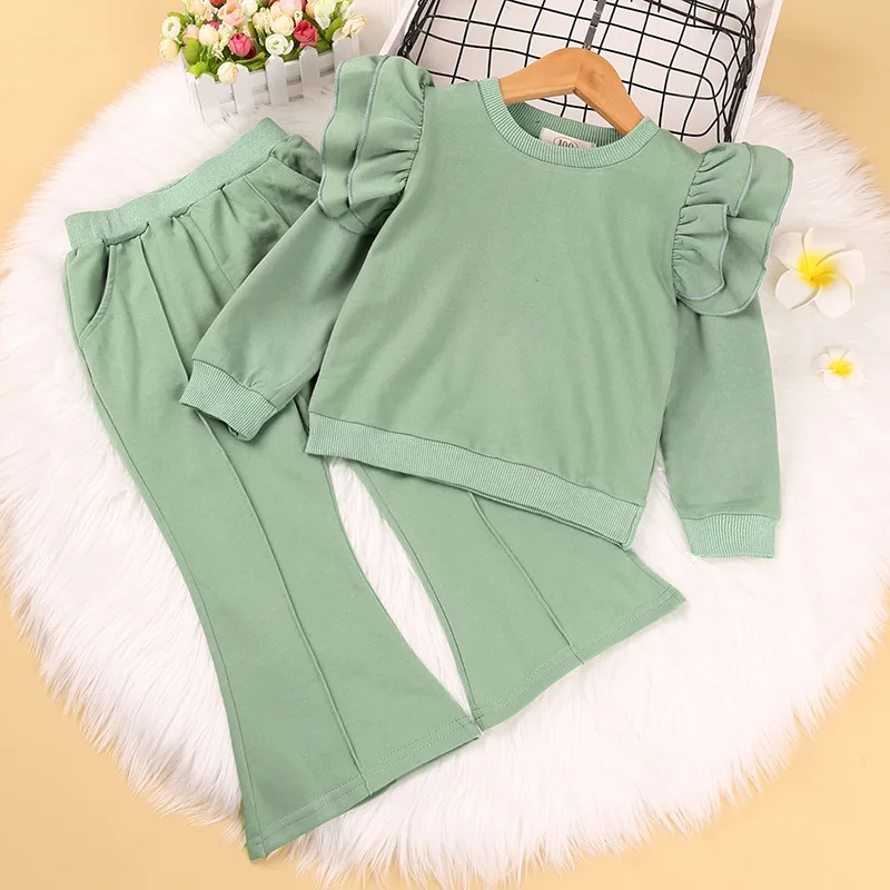 

New Solid Color Green Ruffle Long Sleeve Children's Wear Girls' Suit Top Hoodie + Wide Leg Pants Kids Two-piece Set