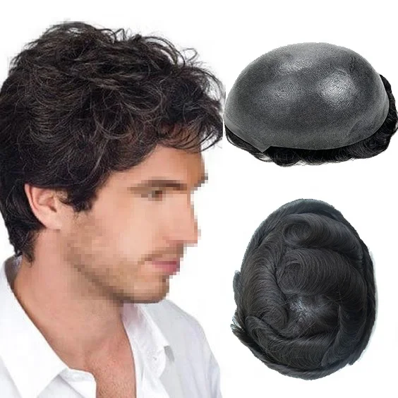 

All V Loop Natural Hairline toupee men Thin Skin Wig 115% Density Hair Prosthesis human hair men toupee thin skin