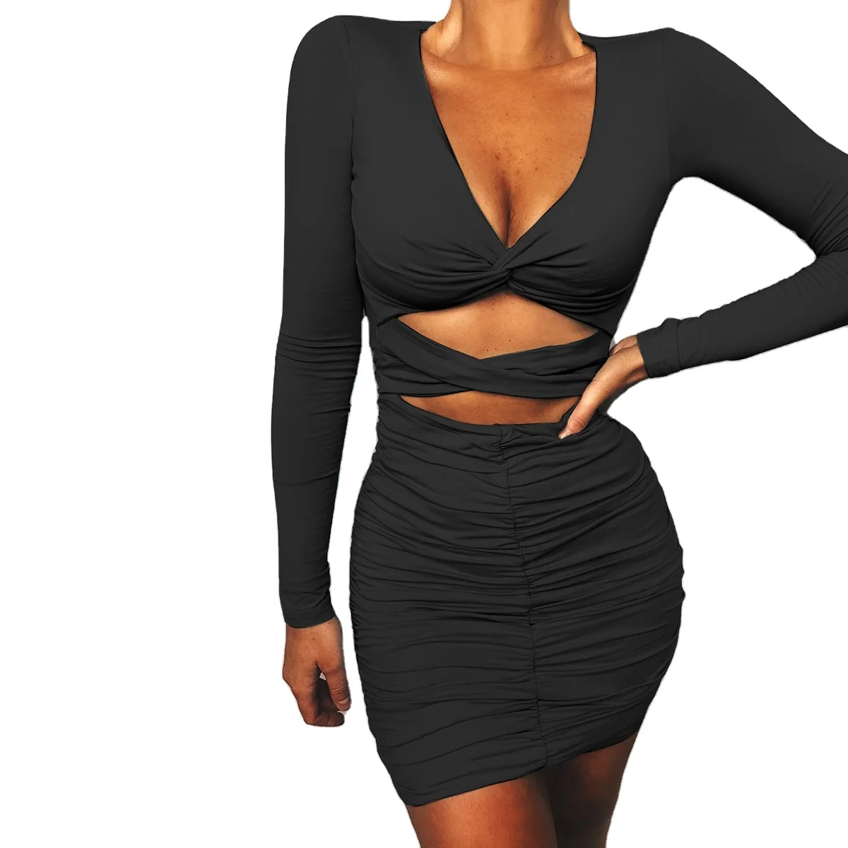 

Summer natural V-neck women clothing mini sexy bodycon long sleeve causal dresses, Oem