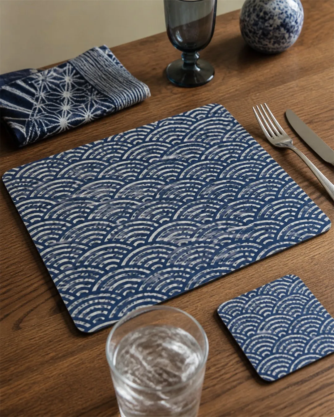 Navy and White Wave Placemat and Coaster Set